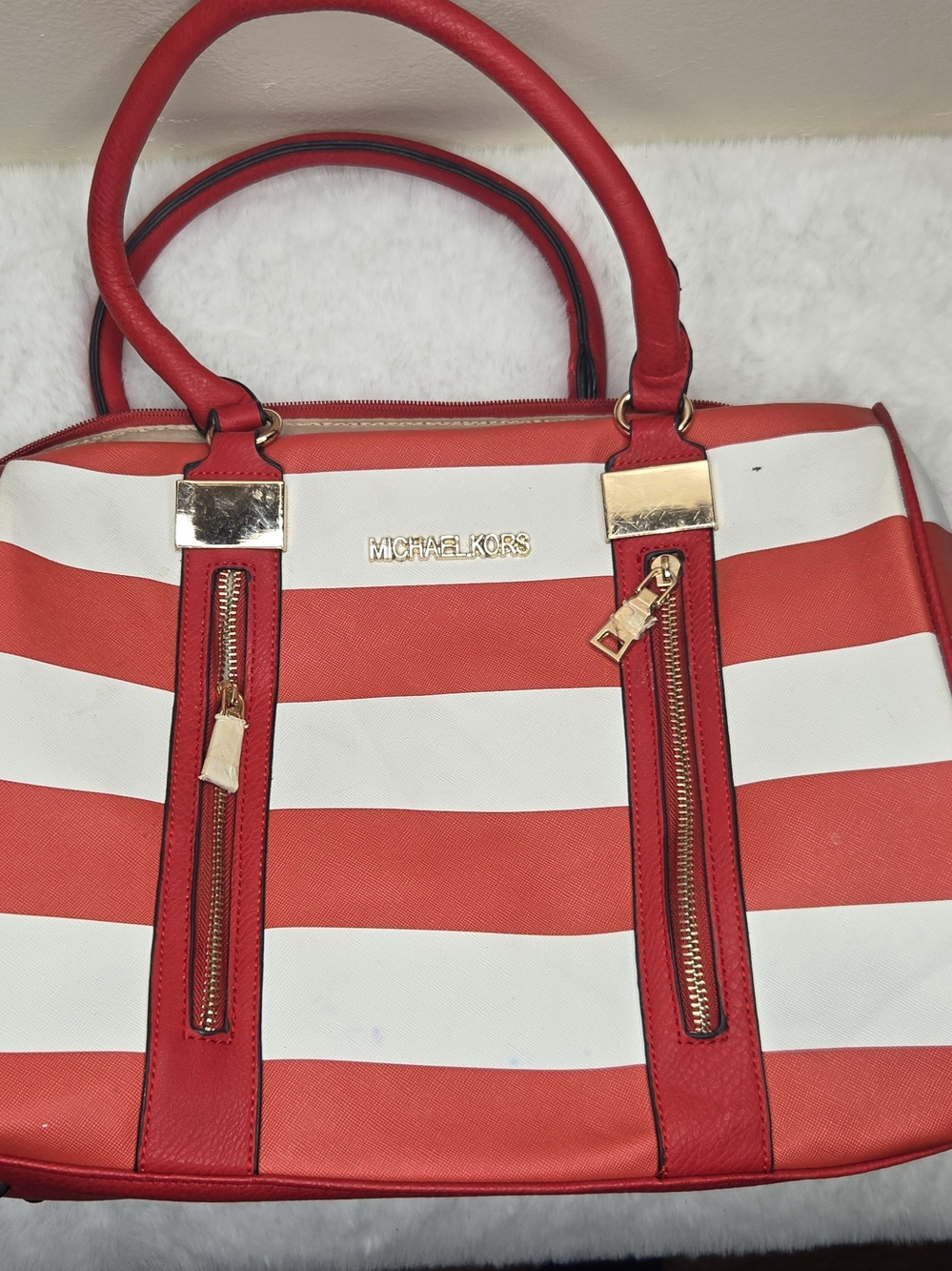 Michael Kors Red & White Striped Satchel with Gold Hardware